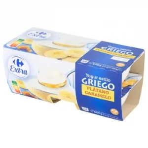 Yogur Estilo Griego Sabor Plátano y Caramelo Carrefour sin Gluten Pack de 4 Unidades de 125 G.