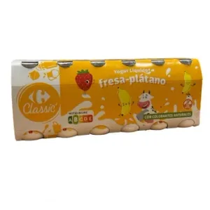 Yogur Liquido con Fresa y Plátano Carrefour Classic´ sin Gluten Pack de 12 Unidades de 100 G.