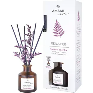 Zen Ambientador Mikado Renacer Cerezo en Flor con Frambuesa, Ciruela, Flor de Azahar y Uva Incluye Flor Decorativa Ambar 40 ML