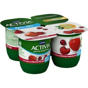 Zero Bífidus con Trozos de Frutos Rojos Desnatado 0% M.g. 0% Azúcares Añadidos Pack 4  Danone Activia 120 G